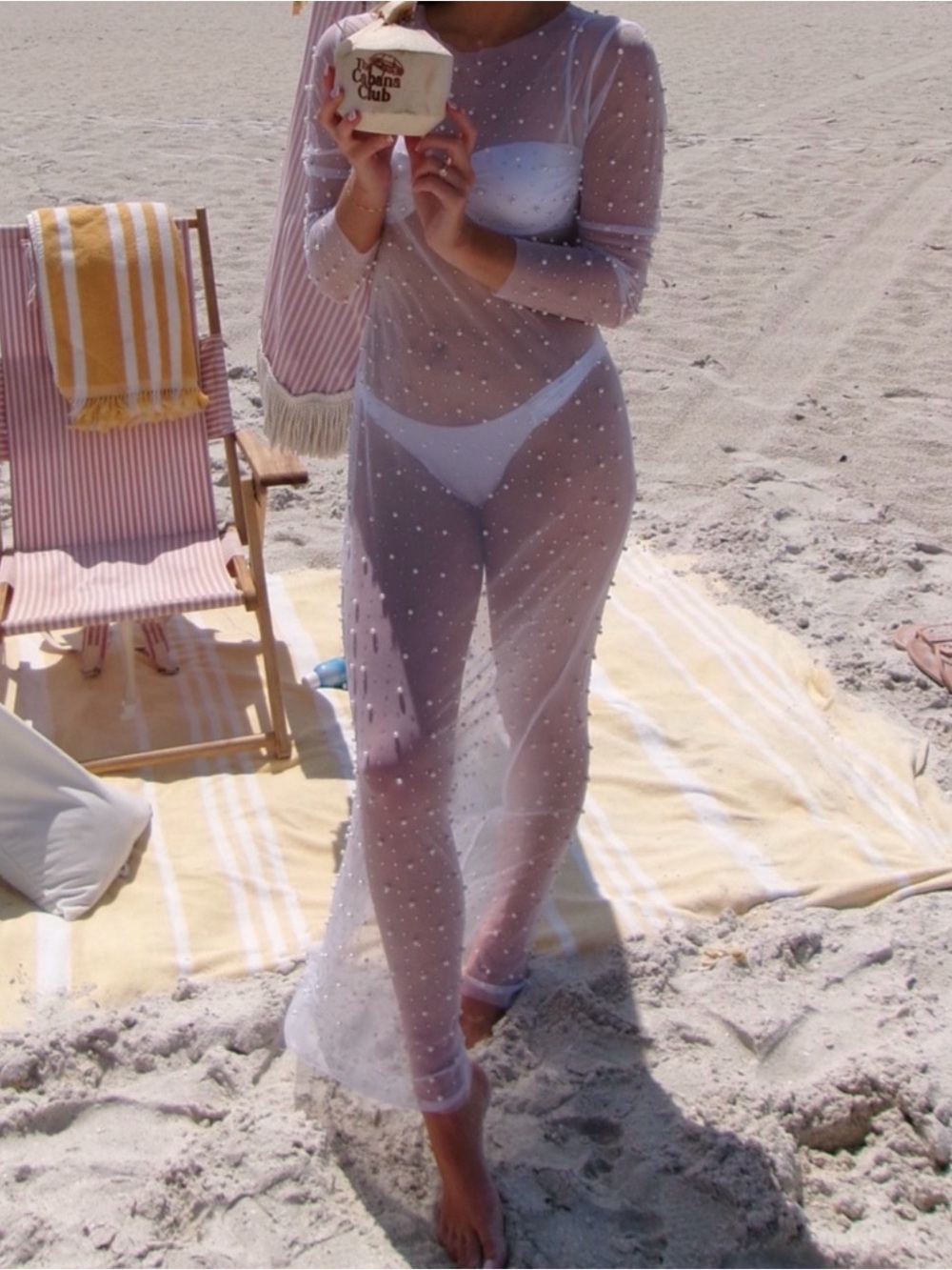 SHEIN White Sheer Pearl-Embellished Swim Coverup